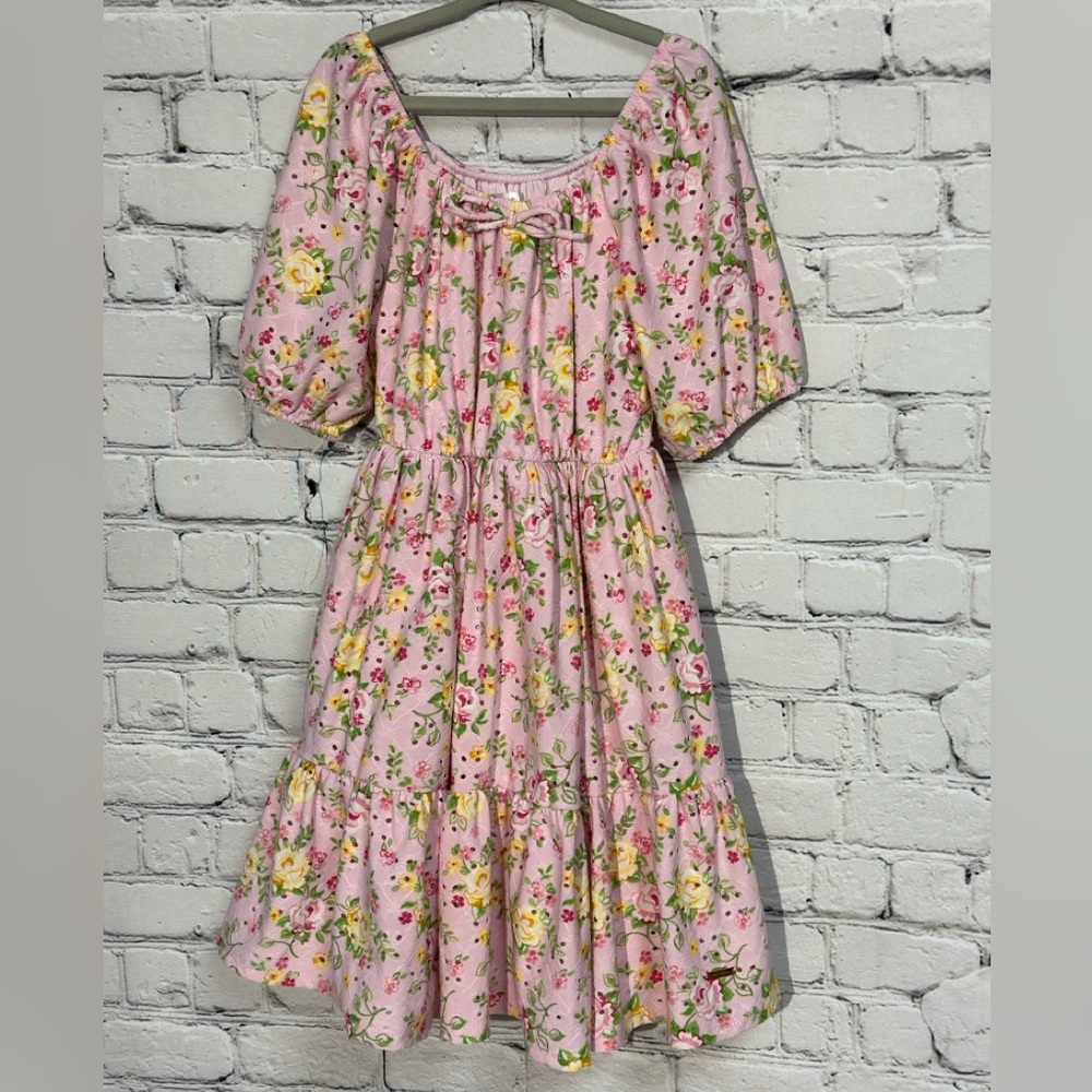 Tahari Pink and Yellow Flower Smocked Sundress with Puff Sleeves Girls Size 7